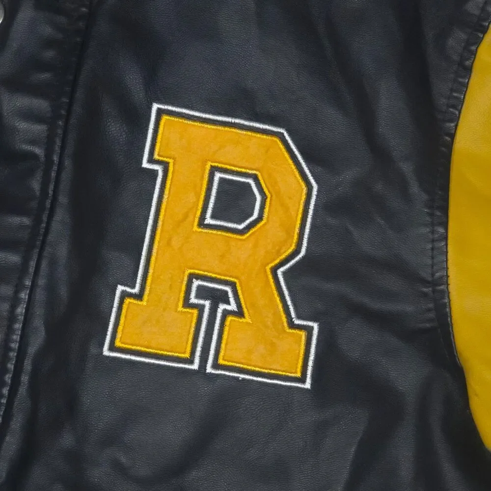 Vintage Style Faux Leather Varsity Jacket Yellow Black Bomber